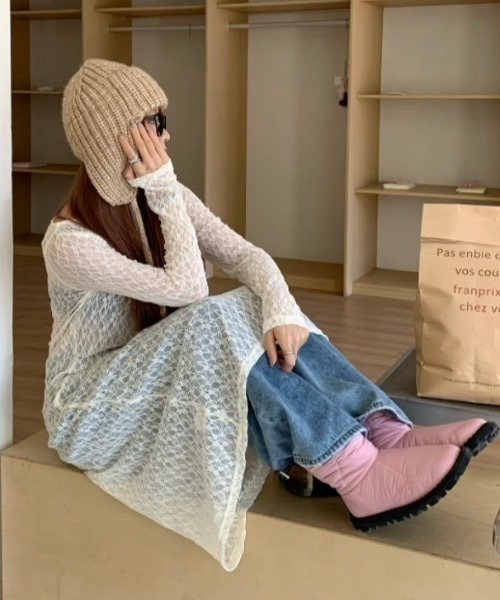 Teem Store(チームストア)の「透け感 レースシアーロングワンピース レイヤード(ワンピース・レディース・ブラック/アイボリー・F)」の10枚目の写真
