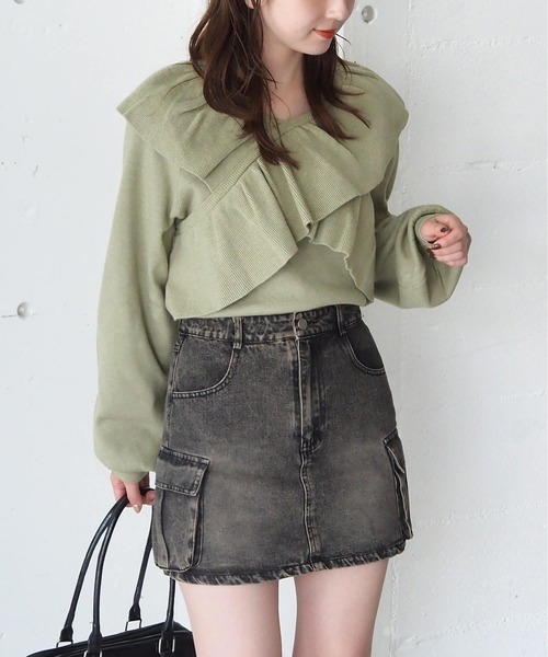 tiptop（ティップトップ）の「フリルクロスニットプルオーバー（ニット/セーター・レディース・アイボリー/チャコールグレー/ピンク/グリーン・FREE）」の4枚目の写真