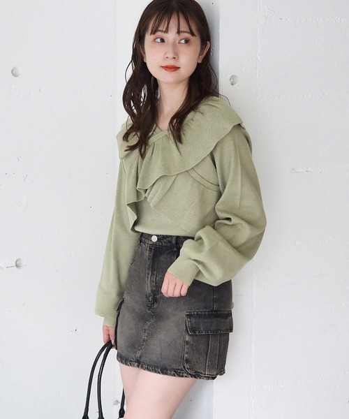 tiptop（ティップトップ）の「フリルクロスニットプルオーバー（ニット/セーター・レディース・アイボリー/チャコールグレー/ピンク/グリーン・FREE）」の7枚目の写真