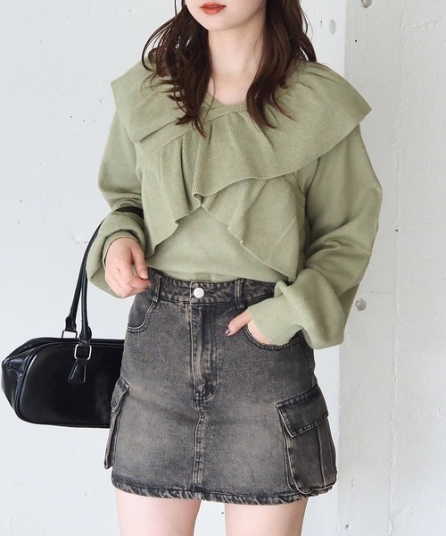 tiptop（ティップトップ）の「フリルクロスニットプルオーバー（ニット/セーター・レディース・アイボリー/チャコールグレー/ピンク/グリーン・FREE）」の11枚目の写真