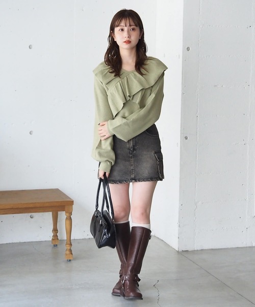 tiptop（ティップトップ）の「フリルクロスニットプルオーバー（ニット/セーター・レディース・アイボリー/チャコールグレー/ピンク/グリーン・FREE）」の16枚目の写真