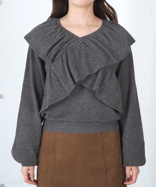 tiptop（ティップトップ）の「フリルクロスニットプルオーバー（ニット/セーター・レディース・アイボリー/チャコールグレー/ピンク/グリーン・FREE）」の10枚目の写真