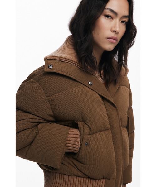 セール】ニット襟 中綿入り ボンバーショートジャケット ブラウン