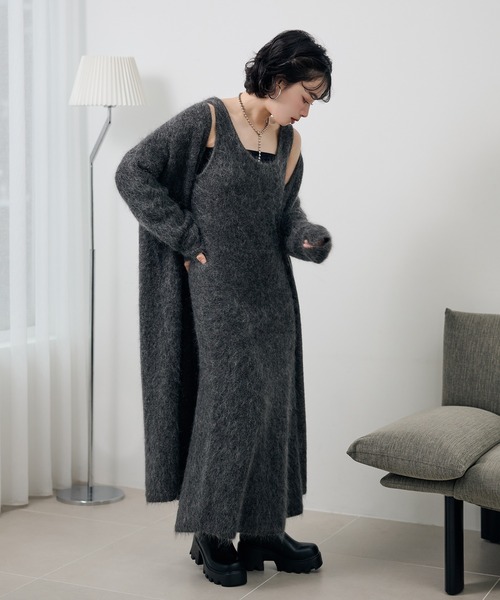 LAULEN（ローレン）の「mohair shawl long cardigan /モヘアショールロング長袖カーディガン（カーディガン/ボレロ・レディース・モカ/チャコールグレー・FREE）」の7枚目の写真