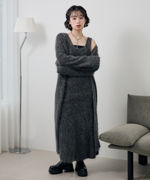 LAULEN（ローレン）の「mohair shawl long cardigan /モヘアショールロング長袖カーディガン（カーディガン/ボレロ・レディース・モカ/チャコールグレー・FREE）」の3枚目の写真