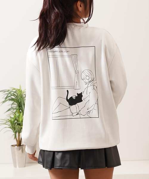 1111clothing(ワンフォークロージング)の「ガール&ネコ フェイクスエード トレーナー / Girl and Cat Faux Suede Sweatshirt(スウェット・メンズ・ブラック系1/ホワイト系1/ホワイト系2/ブラック系2・M/L)」の1枚目の写真