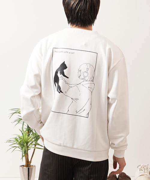 1111clothing(ワンフォークロージング)の「ガール&ネコ フェイクスエード トレーナー / Girl and Cat Faux Suede Sweatshirt(スウェット・メンズ・ブラック系1/ホワイト系1/ホワイト系2/ブラック系2・M/L)」の2枚目の写真