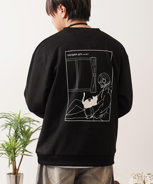 1111clothing(ワンフォークロージング)の「ガール&ネコ フェイクスエード トレーナー / Girl and Cat Faux Suede Sweatshirt(スウェット・メンズ・ブラック系1/ホワイト系1/ホワイト系2/ブラック系2・M/L)」の3枚目の写真