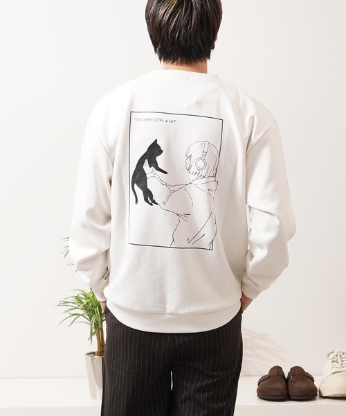 1111clothing(ワンフォークロージング)の「ガール&ネコ フェイクスエード トレーナー / Girl and Cat Faux Suede Sweatshirt(スウェット・メンズ・ブラック系1/ホワイト系1/ホワイト系2/ブラック系2・M/L)」の21枚目の写真
