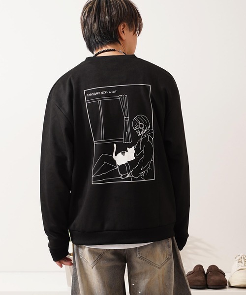 1111clothing(ワンフォークロージング)の「ガール&ネコ フェイクスエード トレーナー / Girl and Cat Faux Suede Sweatshirt(スウェット・メンズ・ブラック系1/ホワイト系1/ホワイト系2/ブラック系2・M/L)」の15枚目の写真