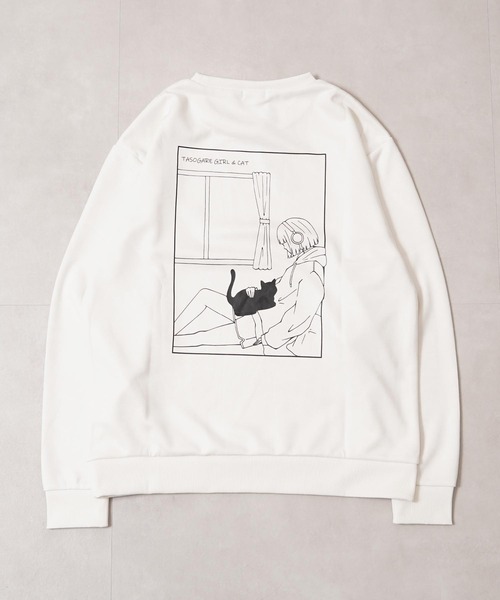 1111clothing(ワンフォークロージング)の「ガール&ネコ フェイクスエード トレーナー / Girl and Cat Faux Suede Sweatshirt(スウェット・メンズ・ブラック系1/ホワイト系1/ホワイト系2/ブラック系2・M/L)」の7枚目の写真