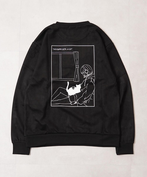 1111clothing(ワンフォークロージング)の「ガール&ネコ フェイクスエード トレーナー / Girl and Cat Faux Suede Sweatshirt(スウェット・メンズ・ブラック系1/ホワイト系1/ホワイト系2/ブラック系2・M/L)」の13枚目の写真