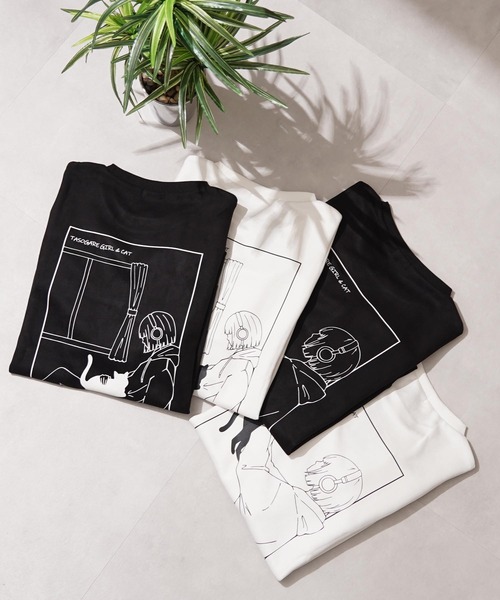 1111clothing(ワンフォークロージング)の「ガール&ネコ フェイクスエード トレーナー / Girl and Cat Faux Suede Sweatshirt(スウェット・メンズ・ブラック系1/ホワイト系1/ホワイト系2/ブラック系2・M/L)」の5枚目の写真