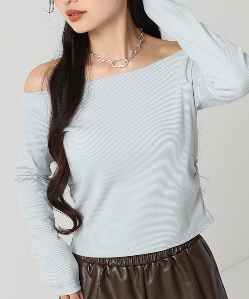 セール】サイドギャザーオフショルダーリブトップス（Tシャツ