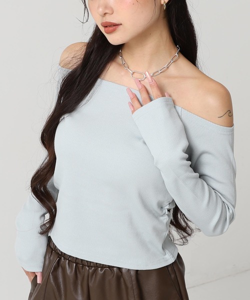 ANAP（アナップ）の「サイドギャザーオフショルダーリブトップス（Tシャツ/カットソー・レディース・ダークグレー/ホワイト/ブラック/クリア・F）」の17枚目の写真