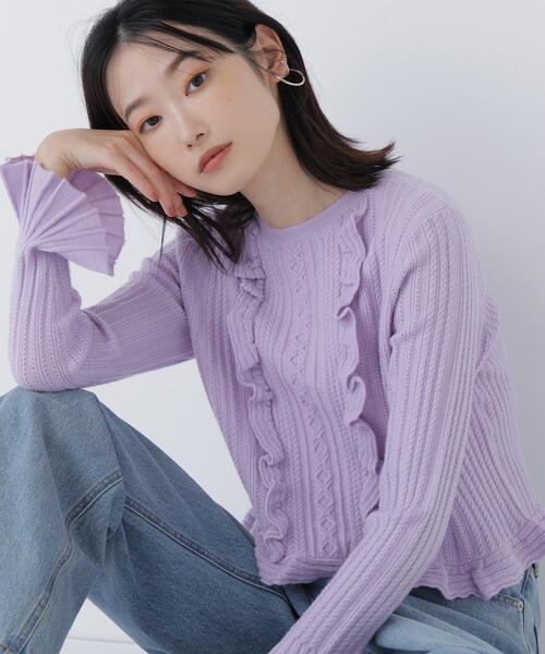 美品 3.1 phillip lim フリルセーター パープル M ニット セーター BRODIAEA 洗えるカシミヤシリーズ ハイネックフリル