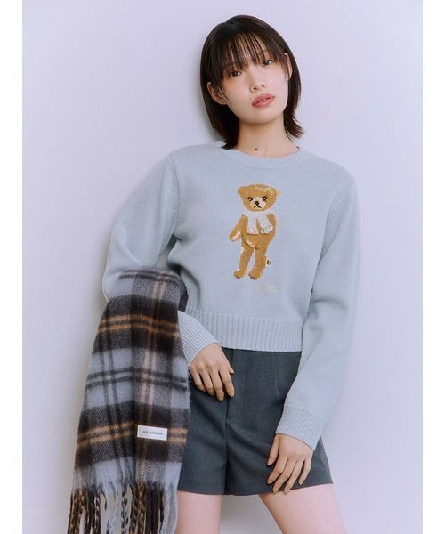 LILY BROWN（リリーブラウン）の「【WEB・一部店舗限定カラー】Lily Bearフリンジマフラーニットトップス（ニット/セーター・レディース・ターコイズブルー/ピンク/ホワイト/ネイビー/ライトブルー・F）」の7枚目の写真