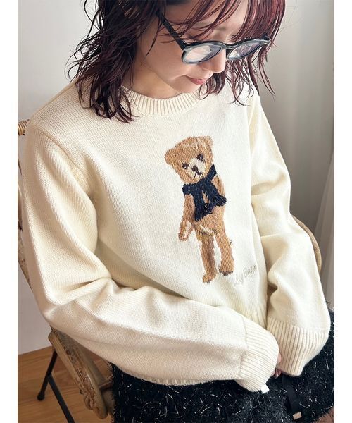 LILY BROWN（リリーブラウン）の「【WEB・一部店舗限定カラー】Lily Bearフリンジマフラーニットトップス（ニット/セーター・レディース・ターコイズブルー/ピンク/ホワイト/ネイビー/ライトブルー・F）」の16枚目の写真