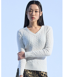 Cable Knit V-Neck Sweater (WHITE)