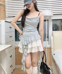 レースフリルレイヤードスリムフィットサイドシャーリングナシスリーブレス_3COLOR