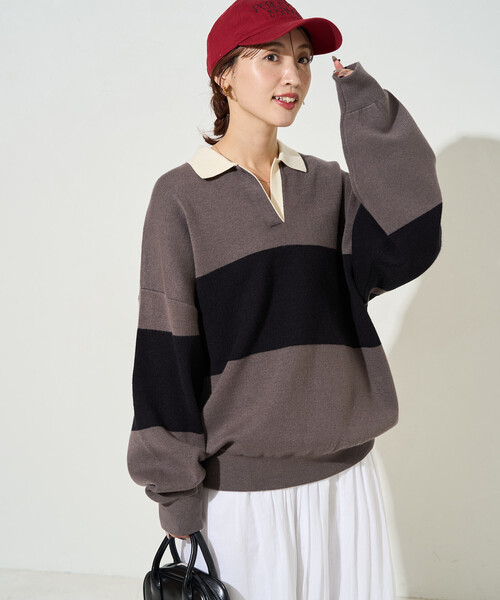 限定展開 配色 襟 スキッパー ニット プルオーバー（ニット/セーター