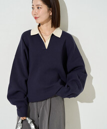 限定展開 配色 襟 スキッパー ニット プルオーバー