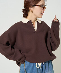 限定展開 配色 襟 スキッパー ニット プルオーバー