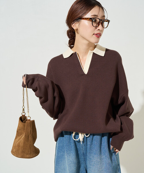 FREAK'S STORE(フリークスストア)の「限定展開 配色 襟 スキッパー ニット プルオーバー(ニット/セーター・レディース・ダークネイビー/レッド/ダークブラウン/ブラウン/杢グレー/ネイビー・フリ-)」の10枚目の写真