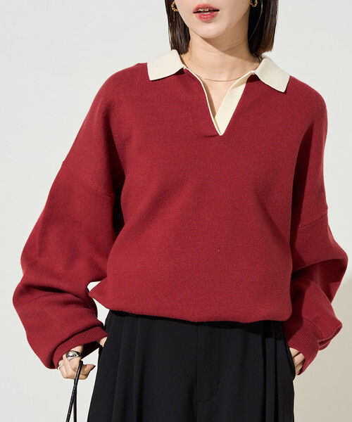 セール】限定展開 配色 襟 スキッパー ニット プルオーバー（ニット