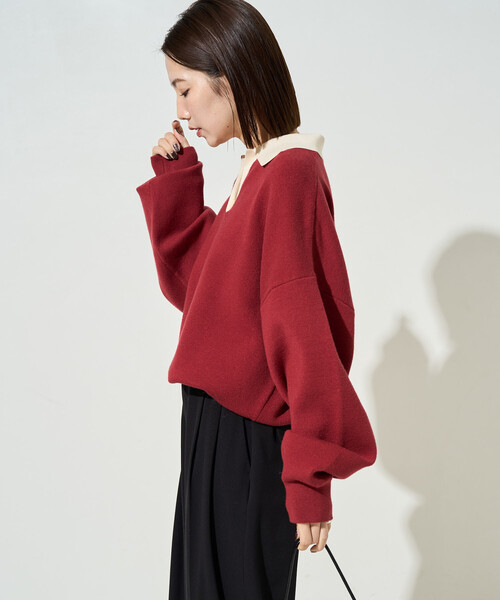 セール】限定展開 配色 襟 スキッパー ニット プルオーバー（ニット