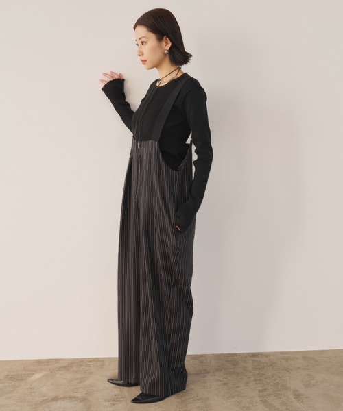 AIC.（エーアイシー）の「ヘリンボーンストライプサロペット/セットアップ可能（サロペット/オーバーオール・レディース・グレイッシュベージュ/ブラック・FREE）」の18枚目の写真