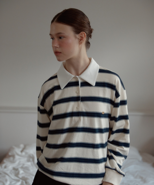 ANOETIC（アノエティック）の「WIDE STRIPE STRING RUGBY SWEATSHIRTS_IVORY（ポロシャツ・レディース・アイボリー・FREE）」の2枚目の写真