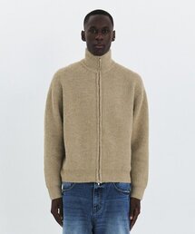 FLUFFY WOOL BLEND ZIP-UP CARDIGAN - LIGHT KHAKI