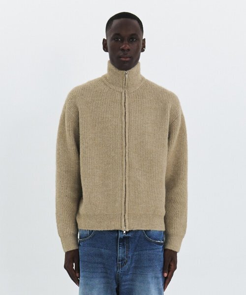 FLUFFY WOOL BLEND ZIP‑UP CARDIGAN — кофта‑кардиган на молнии, светло‑хаки