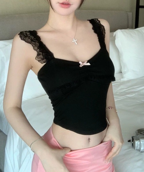 Lace Ladies(レースレディース)の「リボン付き フリル カップ付き コンパクト キャミソール(キャミソール・レディース・ホワイト/ピンク/イエロー/ブラック/ブルー・FREE)」の6枚目の写真