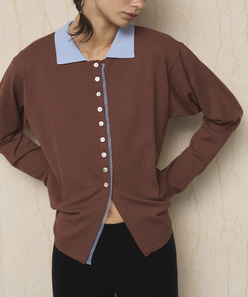 Firsthand（ファーストハンド）の「Firsthand/ファーストハンド 配色 デザイン フェイク レイヤード ポロニット カーディガン / ロングスリーブ（カーディガン/ボレロ・レディース・ネイビー/ブラウン/ミント・FREE）」の4枚目の写真