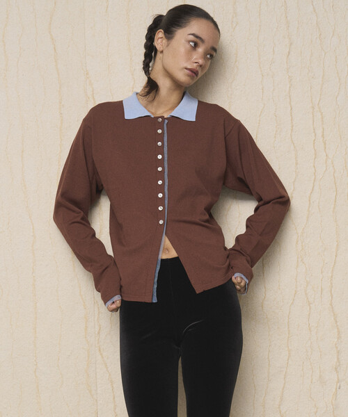 Firsthand（ファーストハンド）の「Firsthand/ファーストハンド 配色 デザイン フェイク レイヤード ポロニット カーディガン / ロングスリーブ（カーディガン/ボレロ・レディース・ネイビー/ブラウン/ミント・FREE）」の5枚目の写真