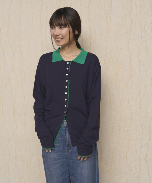 Firsthand（ファーストハンド）の「Firsthand/ファーストハンド 配色 デザイン フェイク レイヤード ポロニット カーディガン / ロングスリーブ（カーディガン/ボレロ・レディース・ネイビー/ブラウン/ミント・FREE）」の6枚目の写真