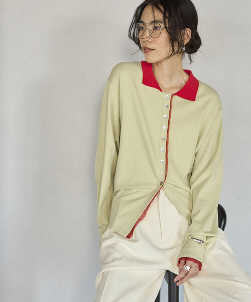 Firsthand（ファーストハンド）の「Firsthand/ファーストハンド 配色 デザイン フェイク レイヤード ポロニット カーディガン / ロングスリーブ（カーディガン/ボレロ・レディース・ネイビー/ブラウン/ミント・FREE）」の8枚目の写真