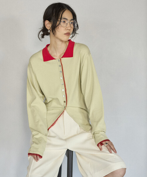 Firsthand（ファーストハンド）の「Firsthand/ファーストハンド 配色 デザイン フェイク レイヤード ポロニット カーディガン / ロングスリーブ（カーディガン/ボレロ・レディース・ネイビー/ブラウン/ミント・FREE）」の10枚目の写真