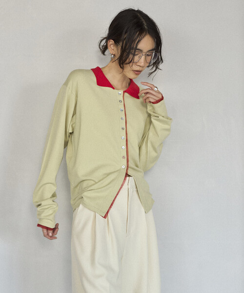 Firsthand（ファーストハンド）の「Firsthand/ファーストハンド 配色 デザイン フェイク レイヤード ポロニット カーディガン / ロングスリーブ（カーディガン/ボレロ・レディース・ネイビー/ブラウン/ミント・FREE）」の19枚目の写真