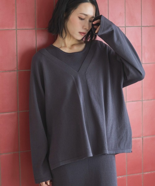 Doux archives（ドゥアルシーヴ）の「VネックニットSETリブワンピース（ワンピース・レディース・ミント/グレイッシュベージュ/チャコールグレー・FREE）」の2枚目の写真