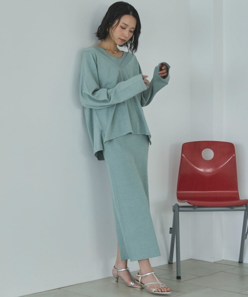 Doux archives（ドゥアルシーヴ）の「VネックニットSETリブワンピース（ワンピース・レディース・ミント/グレイッシュベージュ/チャコールグレー・FREE）」の17枚目の写真