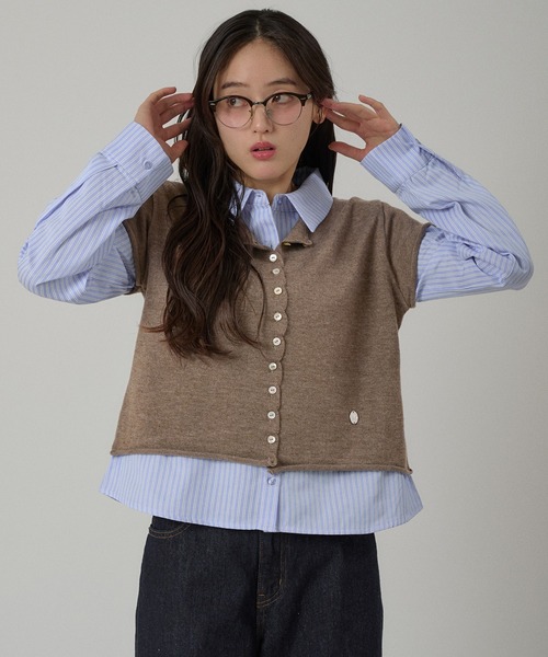 MUHET(ミュエータ)の「layered-look knit shirt top / ドッキングレイヤード風ニットシャツ(シャツ/ブラウス・レディース・グレー/ピンク/ネイビー/ブラウン・FREE)」の2枚目の写真