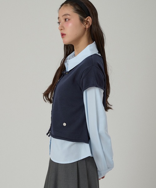 MUHET(ミュエータ)の「layered-look knit shirt top / ドッキングレイヤード風ニットシャツ(シャツ/ブラウス・レディース・グレー/ピンク/ネイビー/ブラウン・FREE)」の7枚目の写真