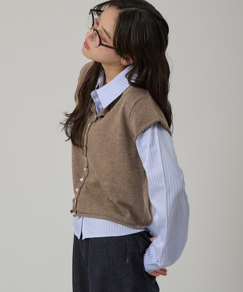 MUHET(ミュエータ)の「layered-look knit shirt top / ドッキングレイヤード風ニットシャツ(シャツ/ブラウス・レディース・グレー/ピンク/ネイビー/ブラウン・FREE)」の15枚目の写真