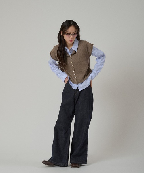 MUHET(ミュエータ)の「layered-look knit shirt top / ドッキングレイヤード風ニットシャツ(シャツ/ブラウス・レディース・グレー/ピンク/ネイビー/ブラウン・FREE)」の18枚目の写真