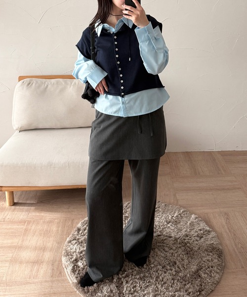 MUHET(ミュエータ)の「layered-look knit shirt top / ドッキングレイヤード風ニットシャツ(シャツ/ブラウス・レディース・グレー/ピンク/ネイビー/ブラウン・FREE)」の6枚目の写真