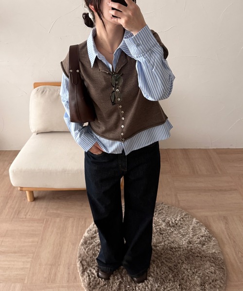 MUHET(ミュエータ)の「layered-look knit shirt top / ドッキングレイヤード風ニットシャツ(シャツ/ブラウス・レディース・グレー/ピンク/ネイビー/ブラウン・FREE)」の13枚目の写真