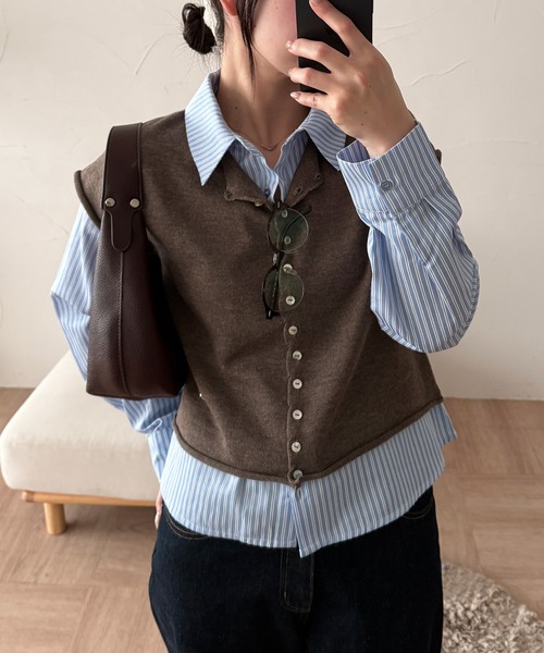 MUHET(ミュエータ)の「layered-look knit shirt top / ドッキングレイヤード風ニットシャツ(シャツ/ブラウス・レディース・グレー/ピンク/ネイビー/ブラウン・FREE)」の12枚目の写真